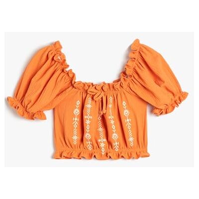 Koton Girls's crop ruffle broderad skjorta detalj kortärmad blus, Orange (207), 9-10 År Koton Girls's crop ruffle broderad skjorta detalj kortärmad blus, Orange (207), 9-10 År