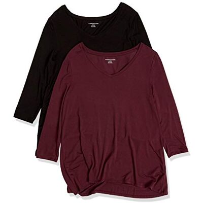 Amazon Essentials Women's V-ringad Swing T-shirt med kvartsärmar (finns i plusstorlek), Pack of 2, Svart/Vinröd, XXL Amazon Essentials Women's V-ringad Swing T-shirt med kvartsärmar (finns i plusstorlek), Pack of 2, Svart/Vinröd, XXL