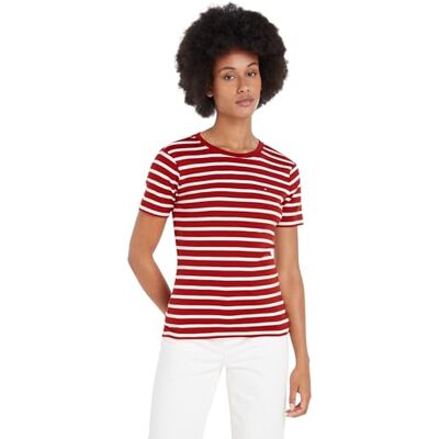 Tommy Hilfiger kvinnors nya Slim Cody C-nk Ss Ww0ww40587 S/S stickade toppar, Röd (Breton Stp/Dark Magma/Ecru), M Tommy Hilfiger kvinnors nya Slim Cody C-nk Ss Ww0ww40587 S/S stickade toppar, Röd (Breton Stp/Dark Magma/Ecru), M