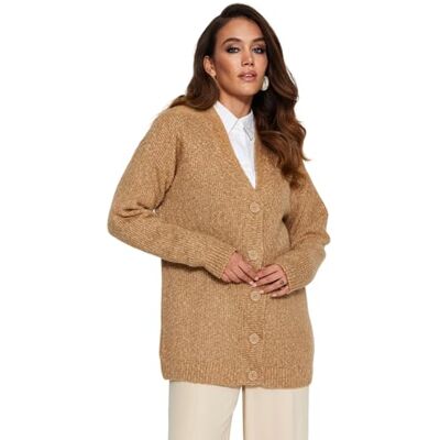 Trendyol Kvinnor Design Avslappnade bas V-hals stickade kläder blygsamma koftor, BEIgE, M Trendyol Kvinnor Design Avslappnade bas V-hals stickade kläder blygsamma koftor, BEIgE, M