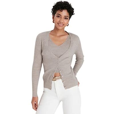 Trendyol Vanlig standard v-ringad stickad kofta, Brun, L Trendyol Vanlig standard v-ringad stickad kofta, Brun, L