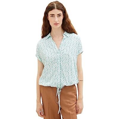 TOM TAILOR Damblus med mönster och knytdetalj, 32468-teal blommig design, 40 TOM TAILOR Damblus med mönster och knytdetalj, 32468-teal blommig design, 40