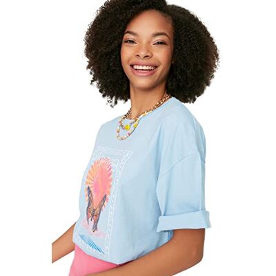 Trendyol Dam oversize basic stickad t-shirt med rund hals, Ljusblått, S Trendyol Dam oversize basic stickad t-shirt med rund hals, Ljusblått, S