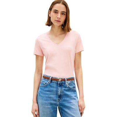 Tommy Hilfiger dam Co linne V-Nk Ss Tee WW0WW48704, rosa, XS Tommy Hilfiger dam Co linne V-Nk Ss Tee WW0WW48704, rosa, XS