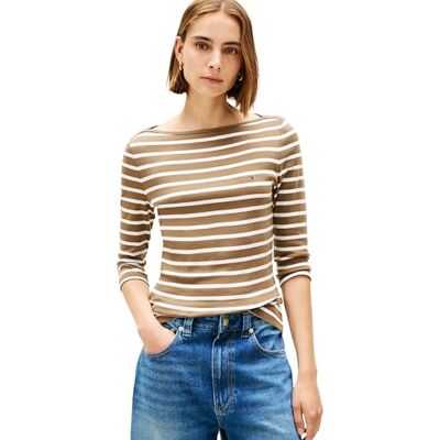 Tommy Hilfiger Dam Slim Cody Boat-NK 3/4SLV WW0WW40589 L/S t-shirt, brun (Nordic Taupe/Ecru STP), XXS, Brun (Nordic Taupe/Ecru Stp), XXS Tommy Hilfiger Dam Slim Cody Boat-NK 3/4SLV WW0WW40589 L/S t-shirt, brun (Nordic Taupe/Ecru STP), XXS, Brun (Nordic Taupe/Ecru Stp), XXS