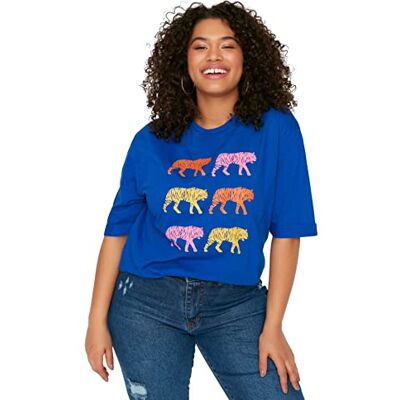 Trendyol Dam dam normal skiftning rund hals stickad plusstorlek T-shirt, blå, 4XL, BLÅ, 4XL Trendyol Dam dam normal skiftning rund hals stickad plusstorlek T-shirt, blå, 4XL, BLÅ, 4XL