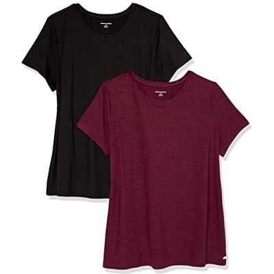 Amazon Essentials Dames Tech stretchig kortärmad T-shirt med rund hals (finns i plusstorlek), 2-Pack, Svart/Vinröd Rymdfärg, 2X Amazon Essentials Dames Tech stretchig kortärmad T-shirt med rund hals (finns i plusstorlek), 2-Pack, Svart/Vinröd Rymdfärg, 2X