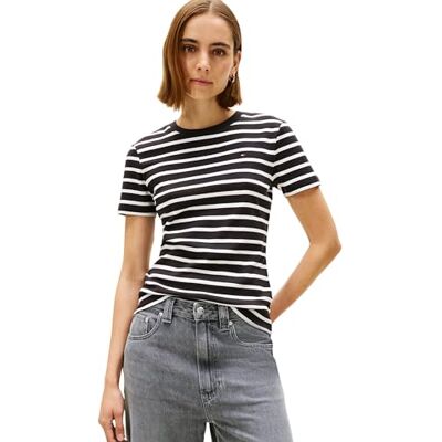 Tommy Hilfiger Dam Slim Cody C-NK SS WW0WW40587 S/S t-shirt, svart (svart/ecran STP), M, Svart (svart/Ecru Stp), M Tommy Hilfiger Dam Slim Cody C-NK SS WW0WW40587 S/S t-shirt, svart (svart/ecran STP), M, Svart (svart/Ecru Stp), M
