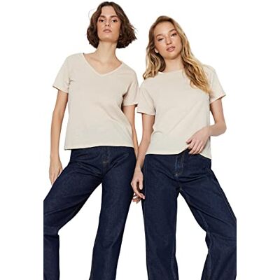 Trendyol Dam beige Suprem V-ringad och rund krage 2-pack stickad t-shirt, stor Trendyol Dam beige Suprem V-ringad och rund krage 2-pack stickad t-shirt, stor