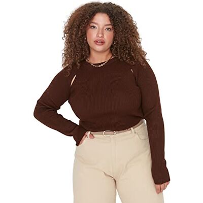 Trendyol Dam rund hals vanlig plusstorlek tröja sweatshirt, brun, XXL, Brun Trendyol Dam rund hals vanlig plusstorlek tröja sweatshirt, brun, XXL, Brun