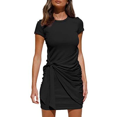 LILLUSORY Dam vardaglig kortärmad omlott bodycon rynkad slips midja sommarklänning, Svart, M LILLUSORY Dam vardaglig kortärmad omlott bodycon rynkad slips midja sommarklänning, Svart, M