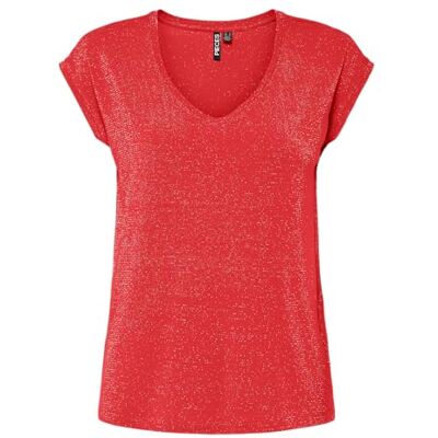 PIECES Damer Pcbillo Tee Lurex Stripes Noos Bc, Vallmo röd, S PIECES Damer Pcbillo Tee Lurex Stripes Noos Bc, Vallmo röd, S