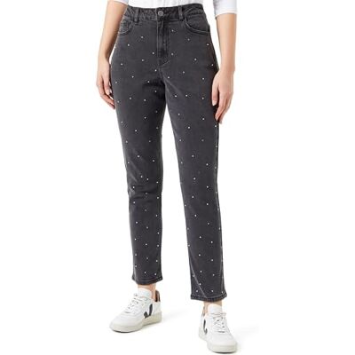 KAFFE Jeans för dam med hög midja beskuren längd utsmyckad vanlig passform dragkedja, Svart tvättad denim, 36 KAFFE Jeans för dam med hög midja beskuren längd utsmyckad vanlig passform dragkedja, Svart tvättad denim, 36