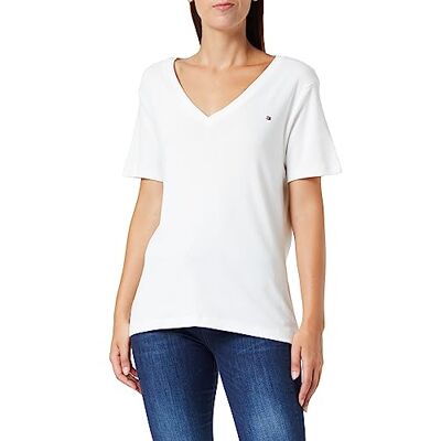 Tommy Hilfiger kvinnors CRV Slim Cody Rib V-ringad Ss S/S stickade toppar, Ecru, 72 SE Tommy Hilfiger kvinnors CRV Slim Cody Rib V-ringad Ss S/S stickade toppar, Ecru, 72 SE
