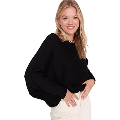 Trendyol Dam normal passform basic båthals stickad tröja sweatshirt, Svart, S Trendyol Dam normal passform basic båthals stickad tröja sweatshirt, Svart, S