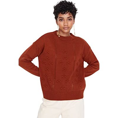 Trendyol Dam vanlig basic rundhalsad stickad tröja, Brun, S Trendyol Dam vanlig basic rundhalsad stickad tröja, Brun, S