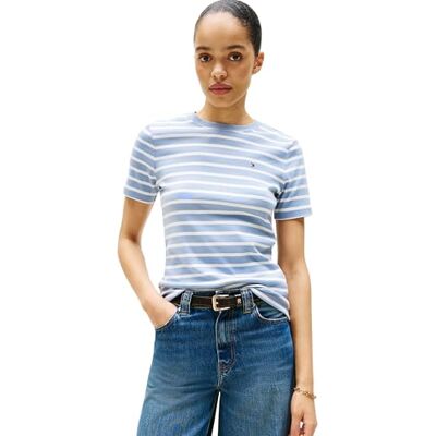 Tommy Hilfiger dam kortärmad rund hals smal Cody t-shirt, Blå (risk blå/Ecru Stp), M Tommy Hilfiger dam kortärmad rund hals smal Cody t-shirt, Blå (risk blå/Ecru Stp), M