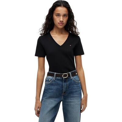 Tommy Hilfiger Dam nya Slim Cody V-ringad Ss S/S stickade toppar, Svart, XXS Tommy Hilfiger Dam nya Slim Cody V-ringad Ss S/S stickade toppar, Svart, XXS