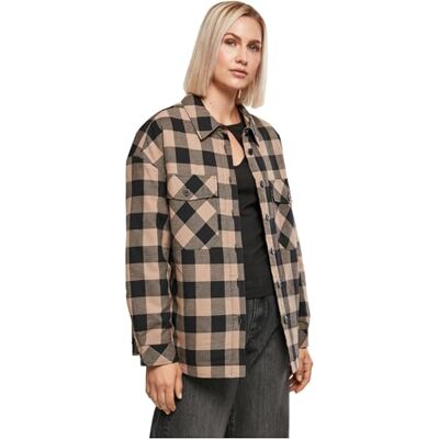 Urban Classics Dam damer flanell vadderad overshirt jacka, svart/mjuk taupe, M Urban Classics Dam damer flanell vadderad overshirt jacka, svart/mjuk taupe, M