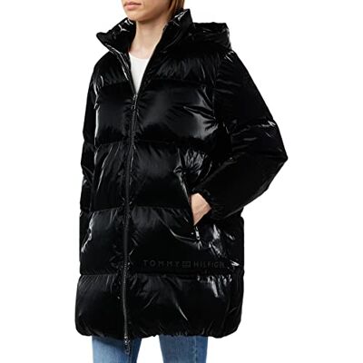 Tommy Hilfiger Dam, metallisk dunpufferkappa, vävd, svart, S, Svart Tommy Hilfiger Dam, metallisk dunpufferkappa, vävd, svart, S, Svart