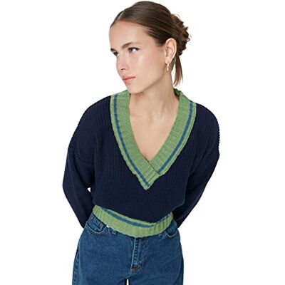 Trendyol Kvinnors marinblå crop stickad tröja sweatshirt, M Trendyol Kvinnors marinblå crop stickad tröja sweatshirt, M