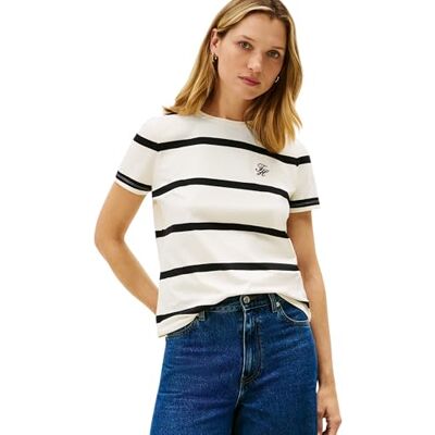 Tommy Hilfiger Dam TH Script REG C-NK SS TEE WW0WW47809 S/S t-shirt, beige (Calico/Black STP), 3XL, Beige (Calico/Svart Stp), 3XL Tommy Hilfiger Dam TH Script REG C-NK SS TEE WW0WW47809 S/S t-shirt, beige (Calico/Black STP), 3XL, Beige (Calico/Svart Stp), 3XL