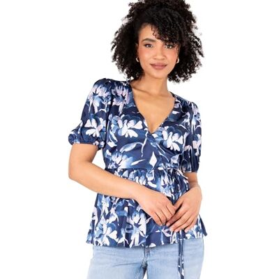 Lovedrobe Dam damer omlotttopp kort puffärm V-ringad blommigt tryck peplum satinblus smart vardaglig kontorskläder marinblå 24, marinblå, 50 SE Lovedrobe Dam damer omlotttopp kort puffärm V-ringad blommigt tryck peplum satinblus smart vardaglig kontorskläder marinblå 24, marinblå, 50 SE