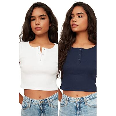 Trendyol Kvinnors lacivert-vit bult detaljerad flyillat 2-pack stickad blus blus, liten Trendyol Kvinnors lacivert-vit bult detaljerad flyillat 2-pack stickad blus blus, liten