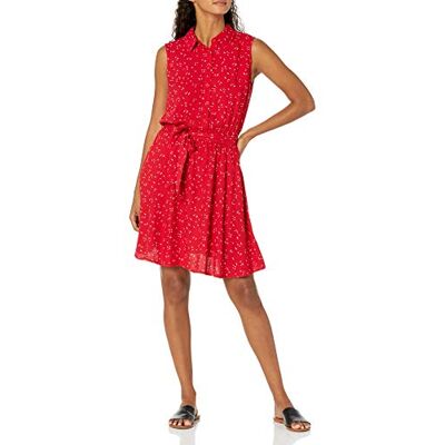 Amazon Essentials ärmlös vävd skjorta klänning för kvinnor, röd blommig, X-Large Amazon Essentials ärmlös vävd skjorta klänning för kvinnor, röd blommig, X-Large