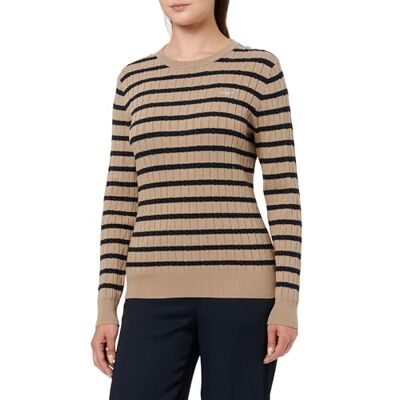 GANT dam stretch bomull kabel randig C-hals tröja, Beige brungrå, L GANT dam stretch bomull kabel randig C-hals tröja, Beige brungrå, L