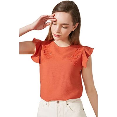 Trendyol Dam Kvinna Normal passform Figurformad Rund hals Vävd Blus Basic, Kakel, 40 Trendyol Dam Kvinna Normal passform Figurformad Rund hals Vävd Blus Basic, Kakel, 40