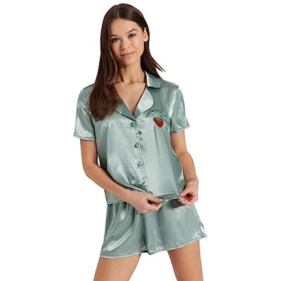 Trendyol kvinnors slogan knapp detaljerad tunn vävd skjorta-kort pyjamasset, Mint, 66 Trendyol kvinnors slogan knapp detaljerad tunn vävd skjorta-kort pyjamasset, Mint, 66