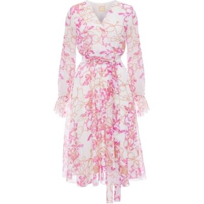 Swing Fashion vit och rosa, luftig, långärmad midiklänning med blommor från Freja Storlek 36, ROSA, 36 Swing Fashion vit och rosa, luftig, långärmad midiklänning med blommor från Freja Storlek 36, ROSA, 36