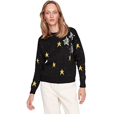 Trendyol Dam rund hals geometriskt mönster vanlig tröja sweatshirt, svart, M, Svart Trendyol Dam rund hals geometriskt mönster vanlig tröja sweatshirt, svart, M, Svart