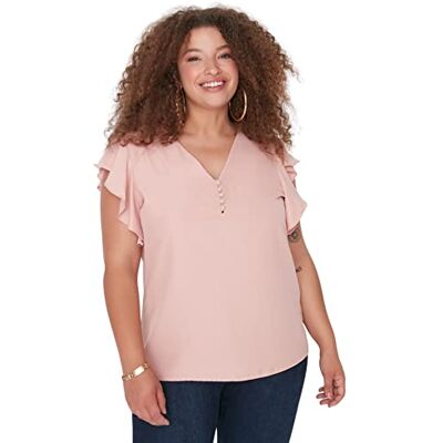 Trendyol Vävd blus i stor storlek med V-ringning för kvinnor, Pulver, 44 Grande taille Trendyol Vävd blus i stor storlek med V-ringning för kvinnor, Pulver, 44 Grande taille