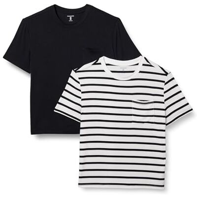 Amazon Essentials dam jersey avslappnad passform kortärmad rund hals ficka t-shirt, paket med 2, svart/vit fransk rand, medium Amazon Essentials dam jersey avslappnad passform kortärmad rund hals ficka t-shirt, paket med 2, svart/vit fransk rand, medium