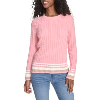 Tommy Hilfiger Cotton Crewneck kabeltröja, tröja, engelsk rosa flerfärgad, S Tommy Hilfiger Cotton Crewneck kabeltröja, tröja, engelsk rosa flerfärgad, S