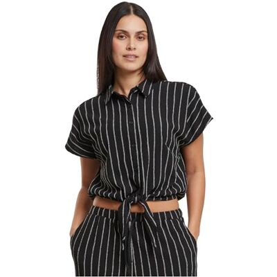 Urban Classics Damskjortblus Ladies strukturerad randig blus med knutar, lös passform, storlekar XS – 5XL, Svart/offwhite, 4XL Urban Classics Damskjortblus Ladies strukturerad randig blus med knutar, lös passform, storlekar XS – 5XL, Svart/offwhite, 4XL