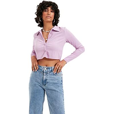 Trendyol Kvinnors lila knapp polo hals burst crop stickad blus, XL Trendyol Kvinnors lila knapp polo hals burst crop stickad blus, XL