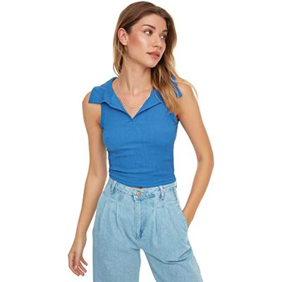 Trendyol Dam anpassad basic v-ringad vävd blus, Indigo, XL Trendyol Dam anpassad basic v-ringad vävd blus, Indigo, XL