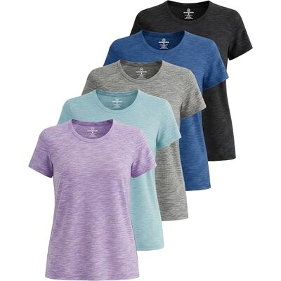 Real Essentials 5 pack: Kortärmad t-shirt för kvinnor träningstoppar fitness pilates gym atletisk (plus tillgänglig), Set 1, M Real Essentials 5 pack: Kortärmad t-shirt för kvinnor träningstoppar fitness pilates gym atletisk (plus tillgänglig), Set 1, M