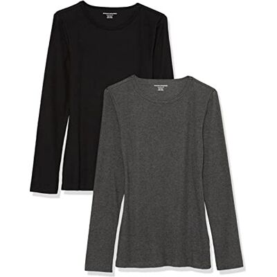 Amazon Essentials kvinnors slim-fit lager långärmad stickad ribbad rund hals (finns i plusstorlek), paket med 2, svart/kol ljung, X-Small Amazon Essentials kvinnors slim-fit lager långärmad stickad ribbad rund hals (finns i plusstorlek), paket med 2, svart/kol ljung, X-Small
