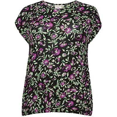 Kaffe Curve Plus-size blus kortärmad rund hals lös passform, Svart/grön/lila blomma Kaffe Curve Plus-size blus kortärmad rund hals lös passform, Svart/grön/lila blomma
