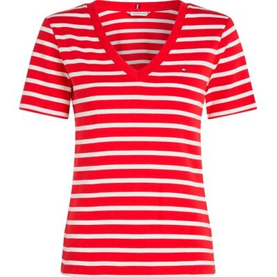 Tommy Hilfiger Dam NY SLIM CODY V-NK SS WW0WW40584, röd, XXS, Röd (Primär röd/ecru Stp), XXS Tommy Hilfiger Dam NY SLIM CODY V-NK SS WW0WW40584, röd, XXS, Röd (Primär röd/ecru Stp), XXS