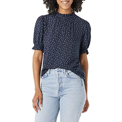 Amazon Essentials kvinnors flytande twill kortärmad puff ärm smock detalj skjorta, marinblå vit Ditsy tryck, L Amazon Essentials kvinnors flytande twill kortärmad puff ärm smock detalj skjorta, marinblå vit Ditsy tryck, L