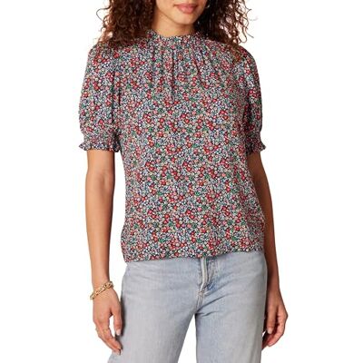 Amazon Essentials dam flytande twill kort puff ärm smock detalj skjorta, marinblå Ditsy tryck, X-Large Amazon Essentials dam flytande twill kort puff ärm smock detalj skjorta, marinblå Ditsy tryck, X-Large