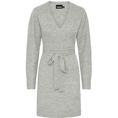 PIECES Bestseller A/S Dam Pcellen Ls Wrap Knit Dress Noos Bc klänning, Ljusgrå melange, M PIECES Bestseller A/S Dam Pcellen Ls Wrap Knit Dress Noos Bc klänning, Ljusgrå melange, M