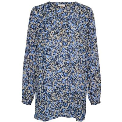 KAFFE Dam tunic rund hals knappar långa ärmar tryckt ledig passform dam, Elefantskin/blå grafikblomma, 38 KAFFE Dam tunic rund hals knappar långa ärmar tryckt ledig passform dam, Elefantskin/blå grafikblomma, 38