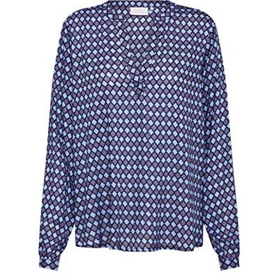 KAFFE långärmad blus med tryck V-hals normal fit, blå, 34 (XS) KAFFE långärmad blus med tryck V-hals normal fit, blå, 34 (XS)