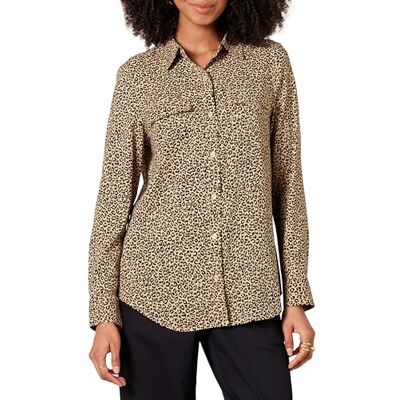 Amazon Essentials dam Georgette långärmad avslappnad passform fickor skjorta, brungrå leopard, X-Small Amazon Essentials dam Georgette långärmad avslappnad passform fickor skjorta, brungrå leopard, X-Small